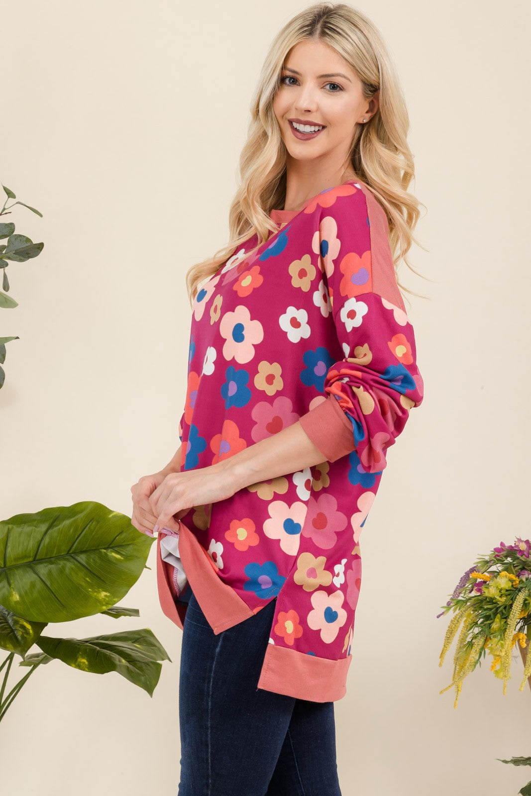 Celeste Side Slit Flower Print Long Sleeve Top