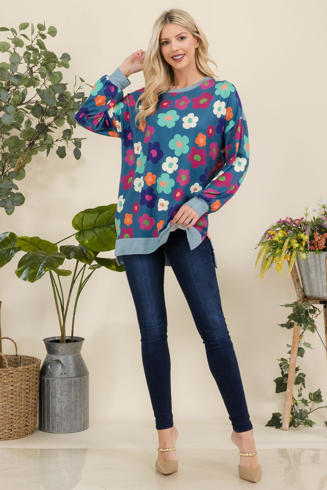 Celeste Side Slit Flower Print Long Sleeve Top
