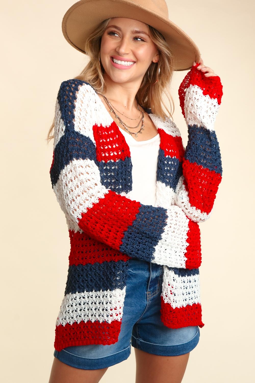 Haptics Open Front Long Sleeve Stripe Cardigan