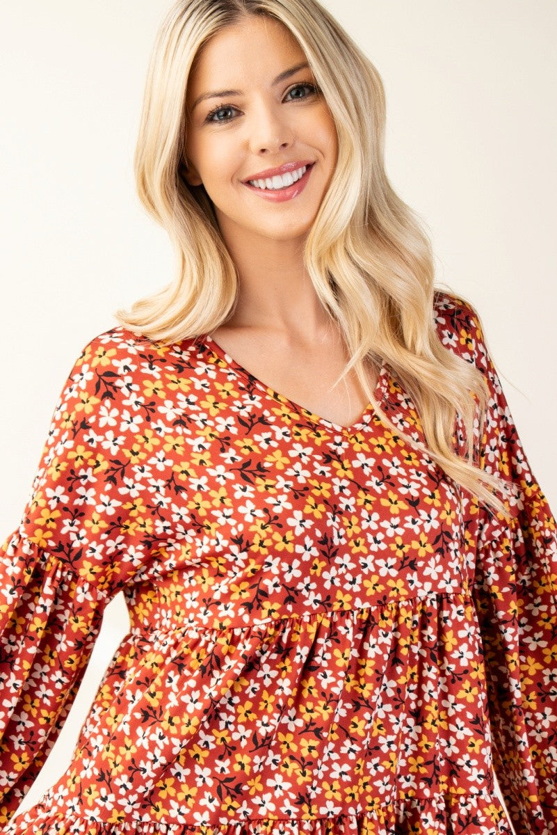 Celeste Floral V-Neck Balloon Sleeve Blouse