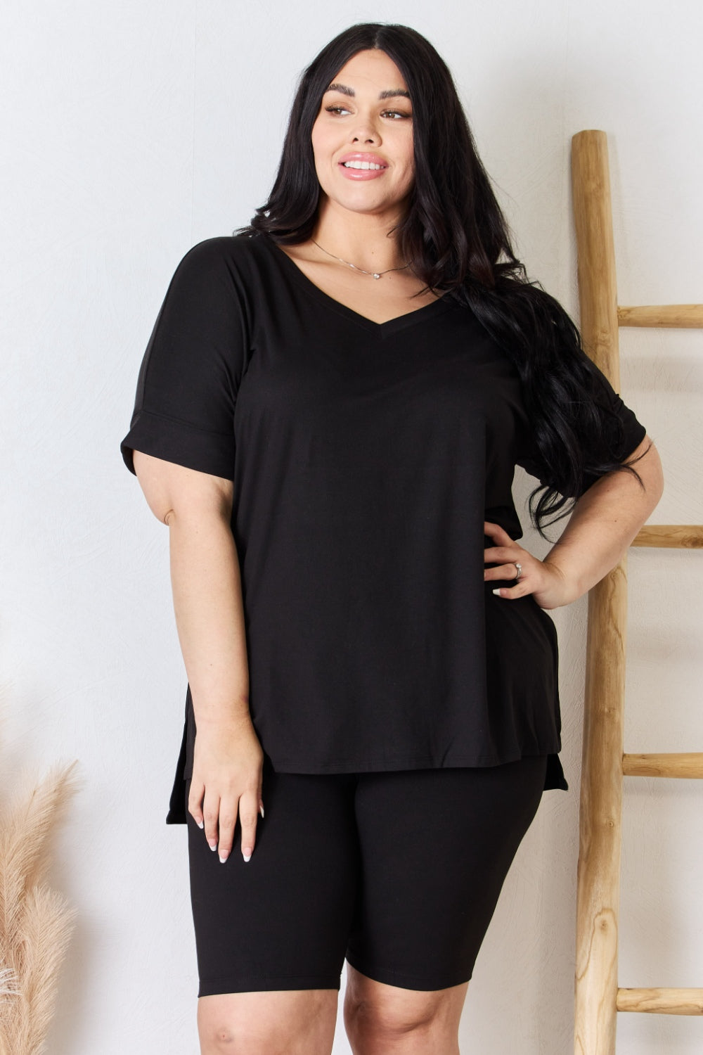Zenana V-Neck Short Sleeve Slit T-Shirt and Shorts Set