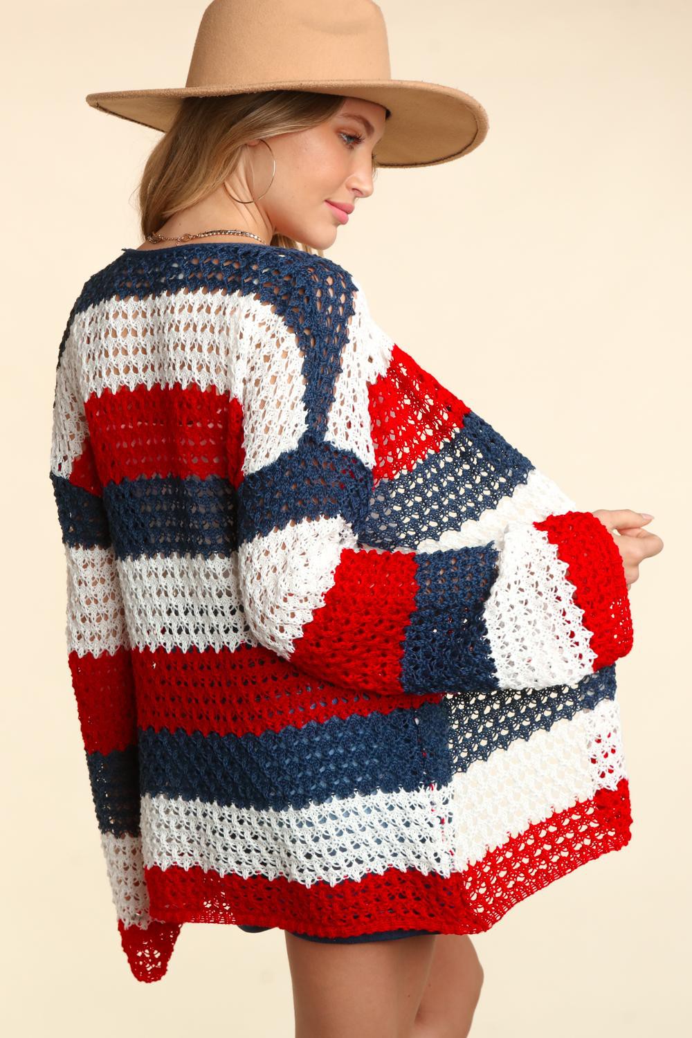 Haptics Open Front Long Sleeve Stripe Cardigan
