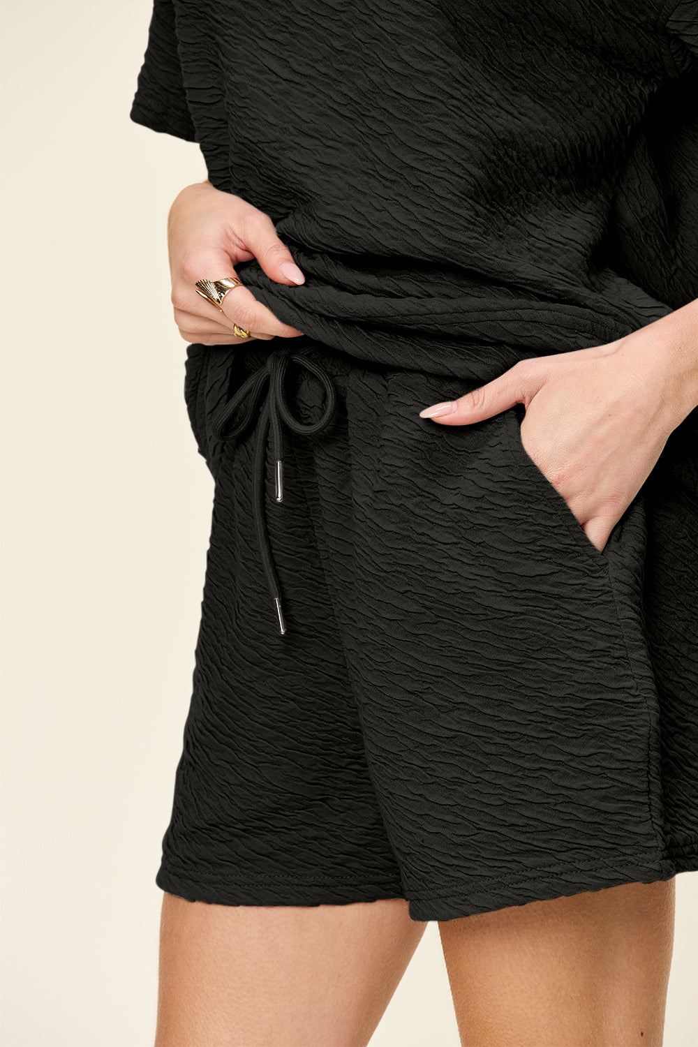 Double Take Texture Short Sleeve T-Shirt and Drawstring Shorts Set