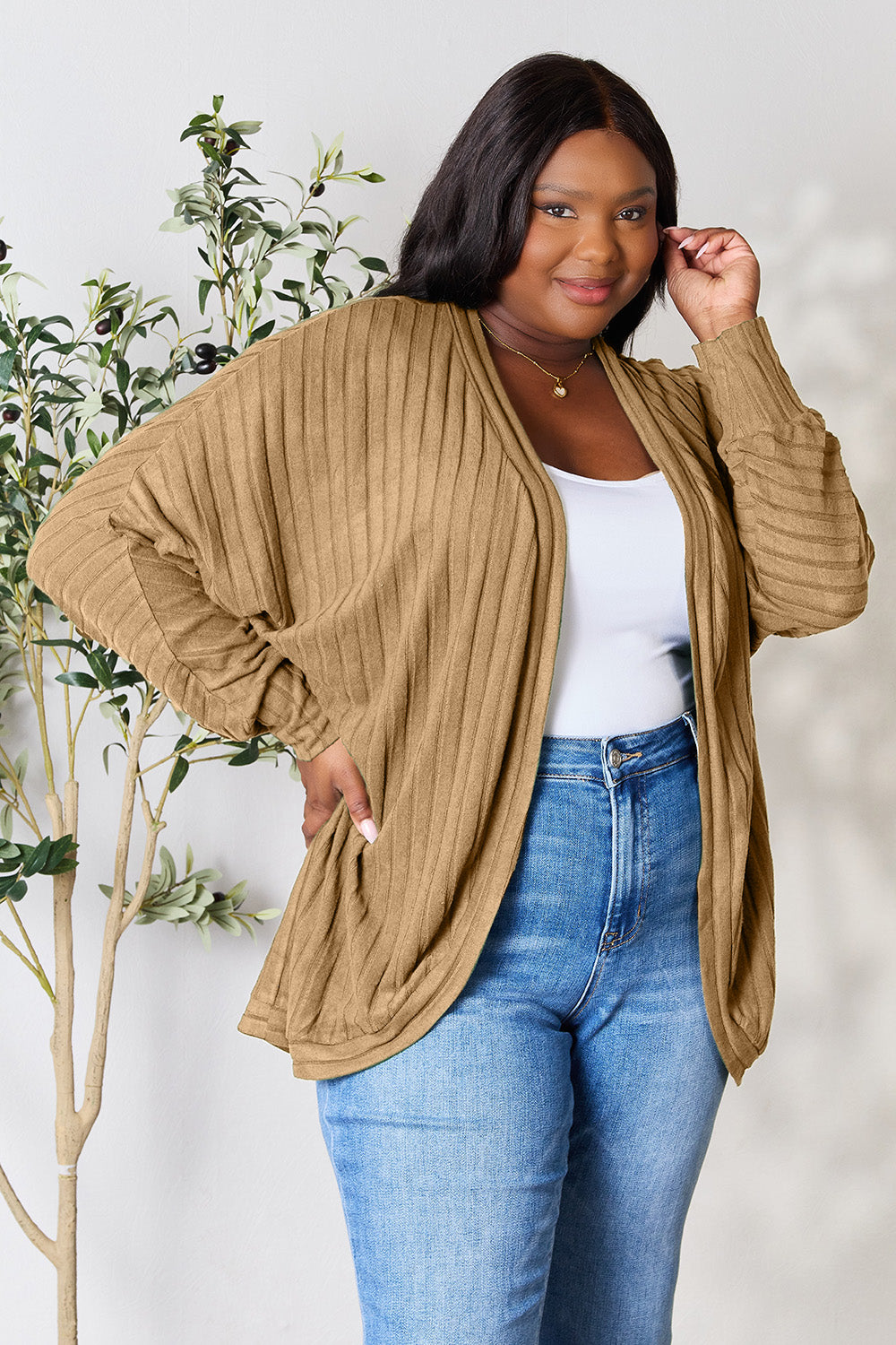 Ribbed Open Front Long Sleeve Cardigan