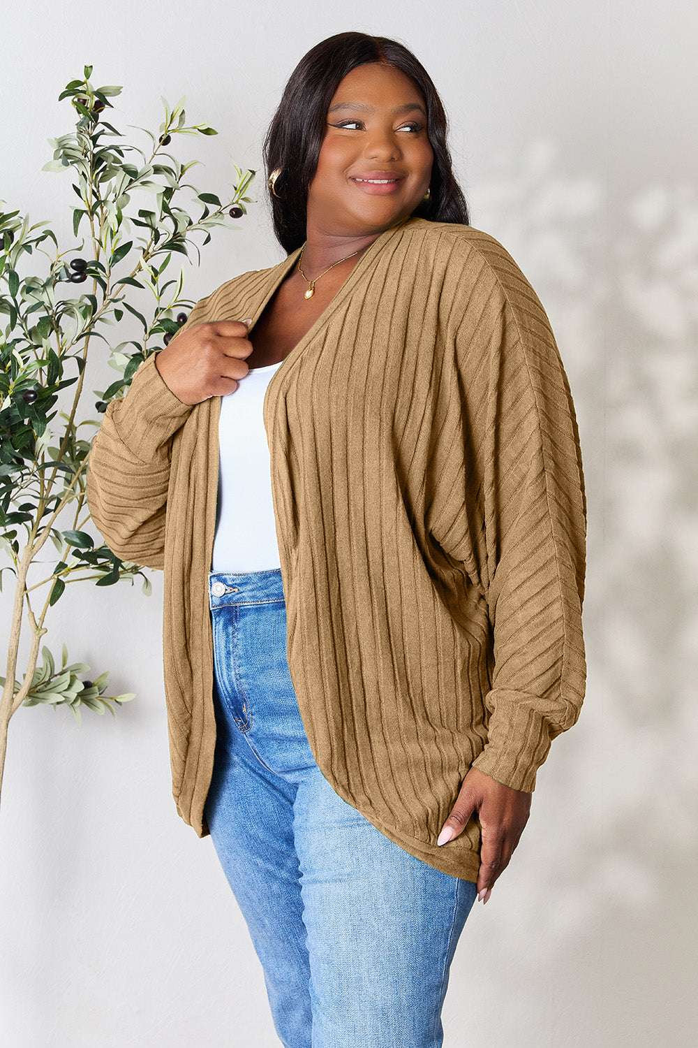 Ribbed Open Front Long Sleeve Cardigan