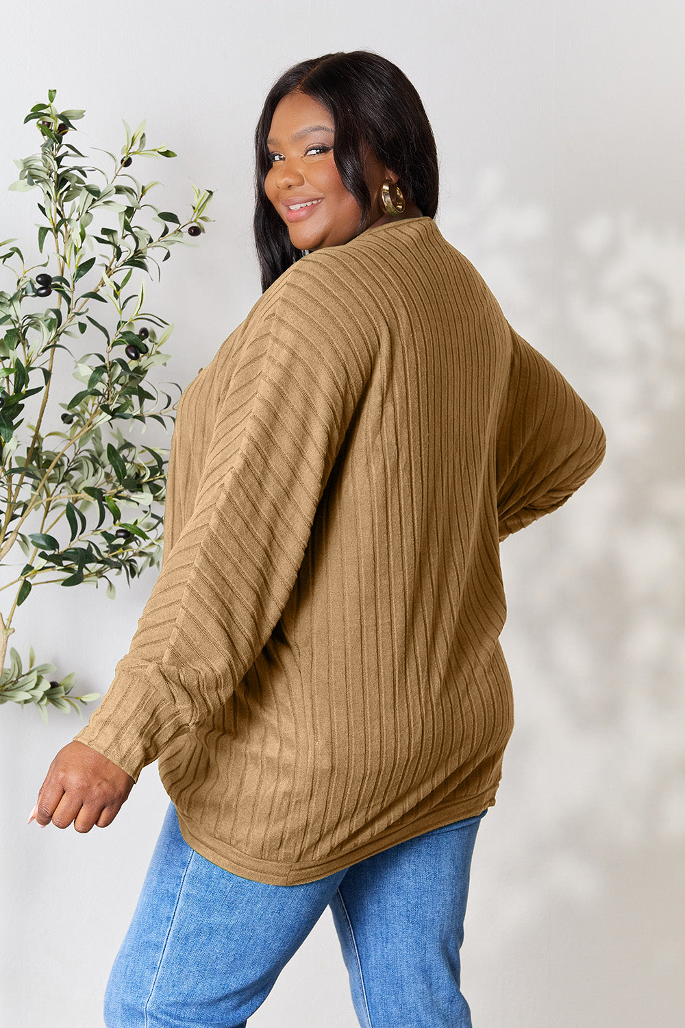 Ribbed Open Front Long Sleeve Cardigan