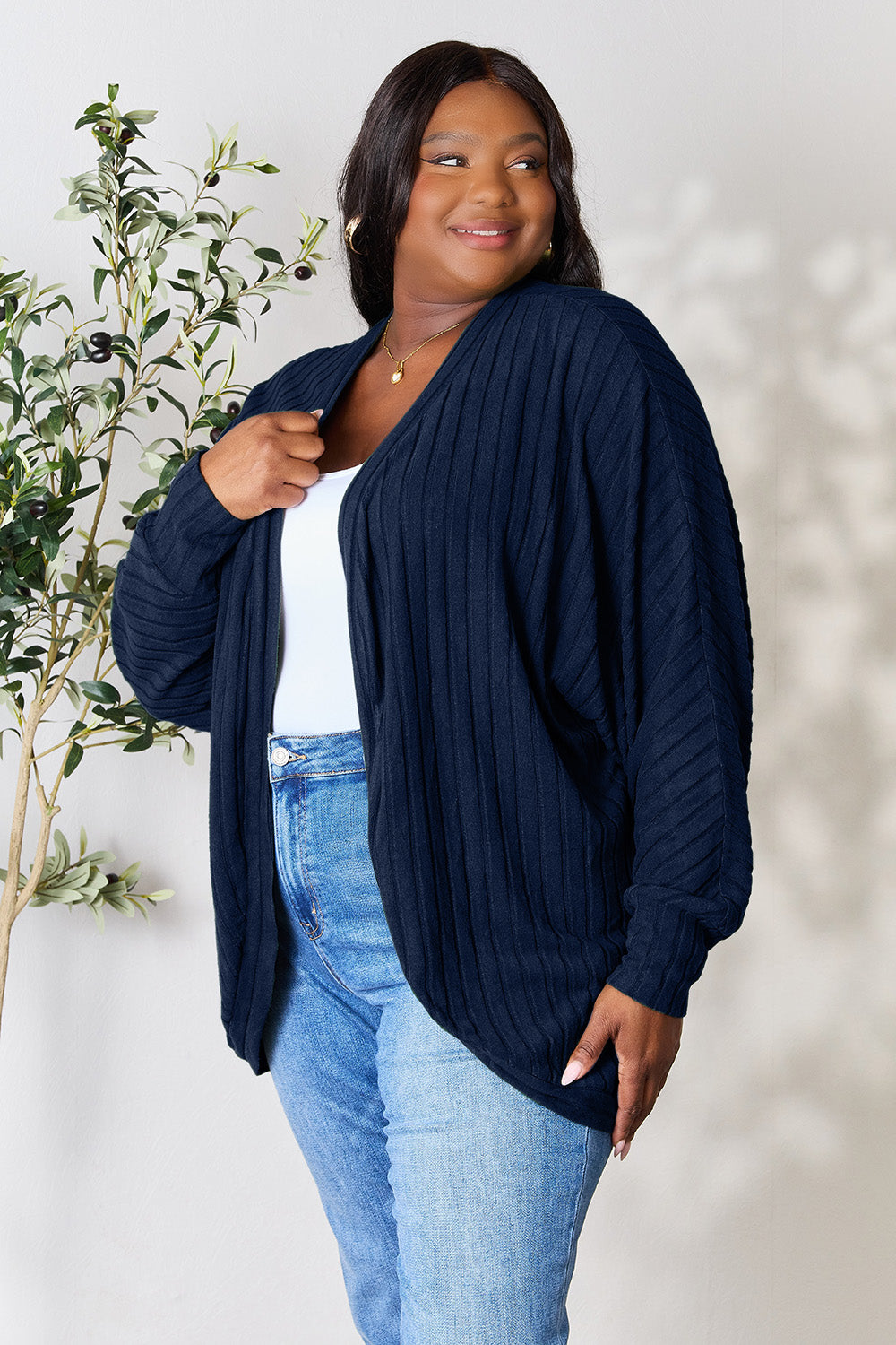 Ribbed Open Front Long Sleeve Cardigan