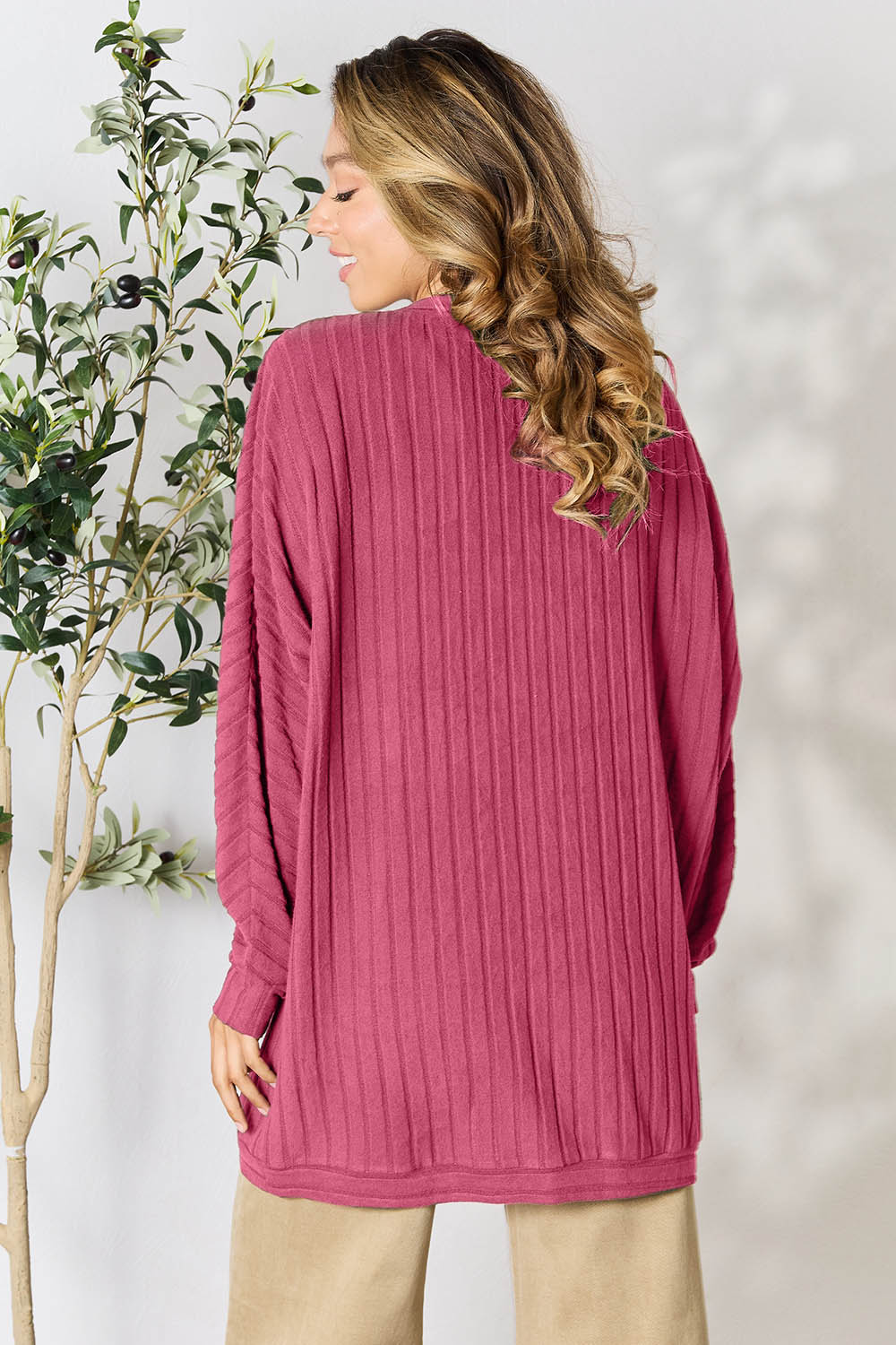 Ribbed Open Front Long Sleeve Cardigan