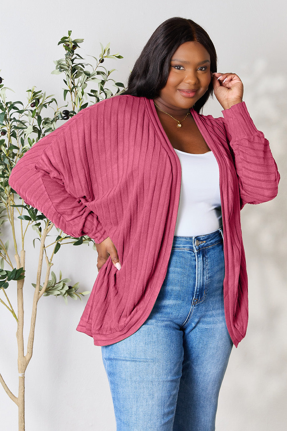 Ribbed Open Front Long Sleeve Cardigan