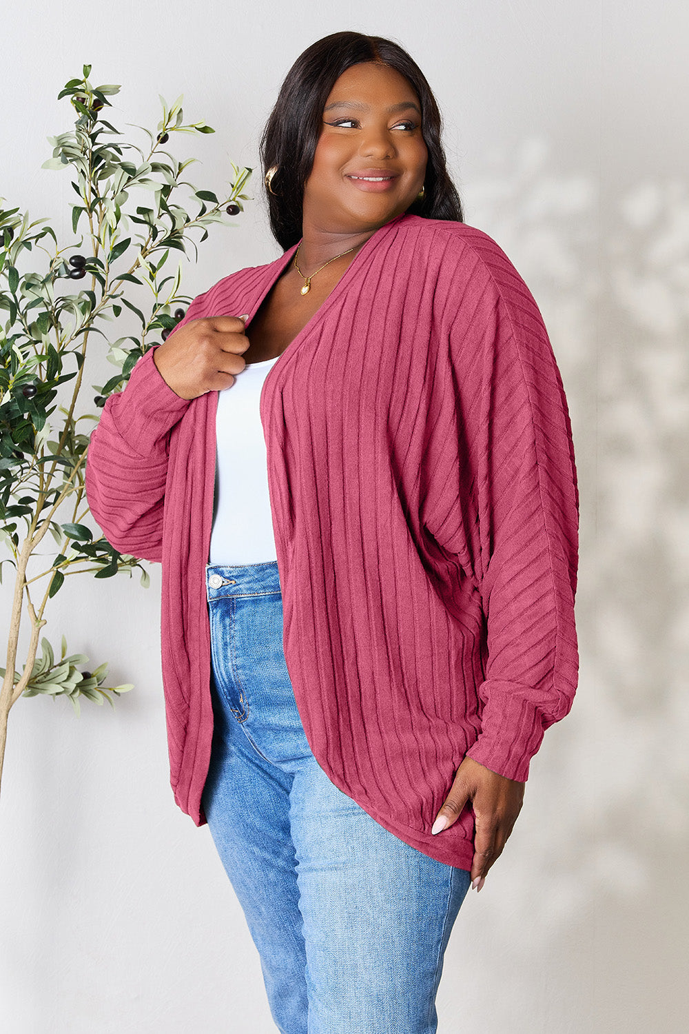 Ribbed Open Front Long Sleeve Cardigan
