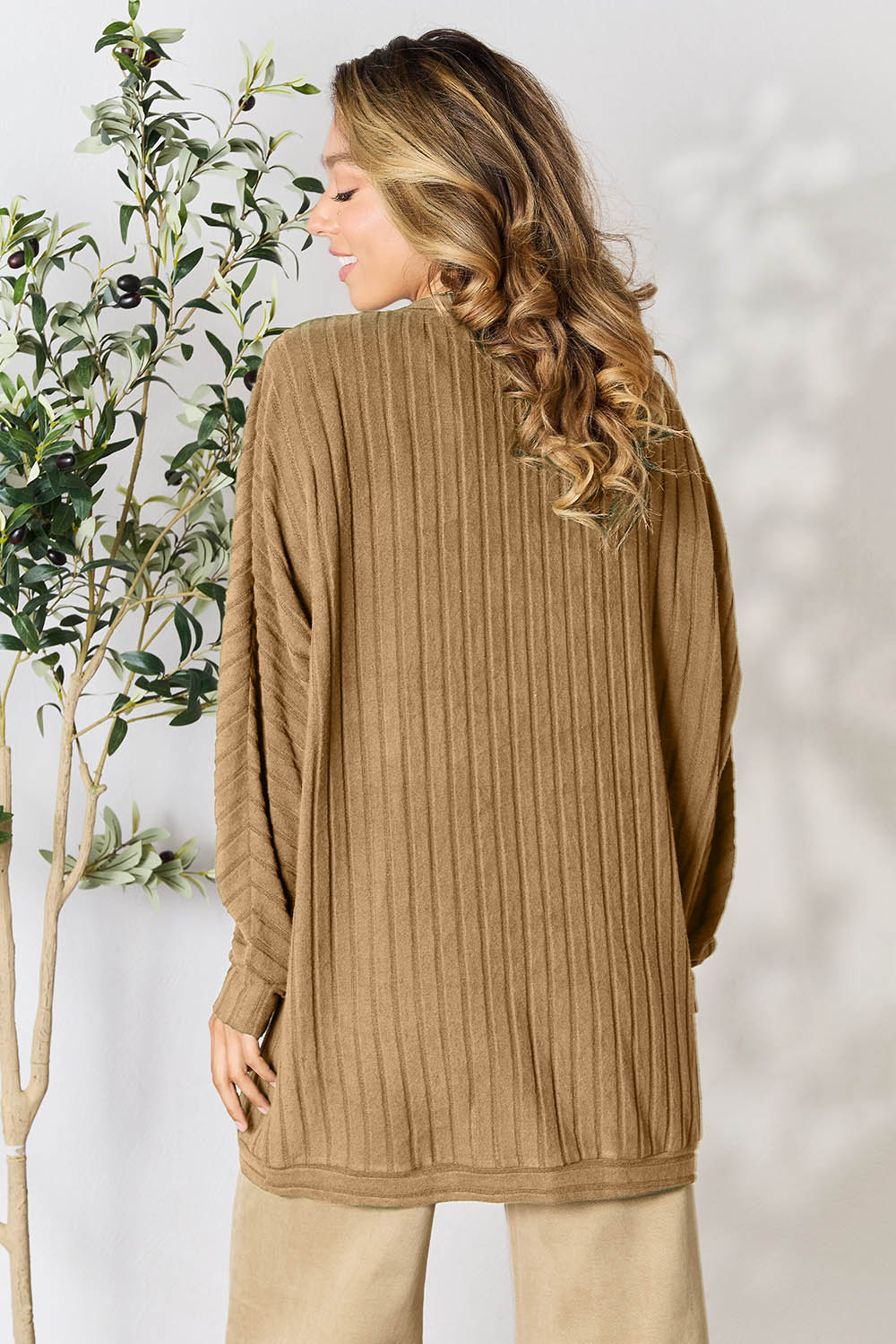 Ribbed Open Front Long Sleeve Cardigan