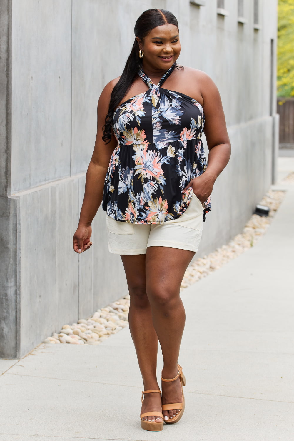 Be Stage Floral Halter Top in Black