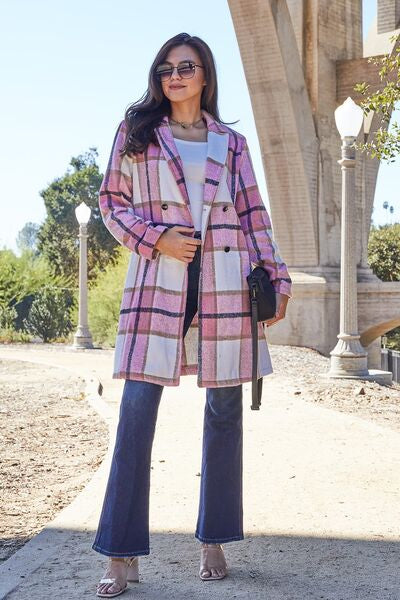 Double Take Plaid Button Up Lapel Collar Coat