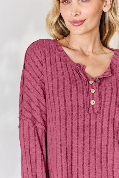 Basic Bae Ribbed Half Button Long Sleeve T-Shirt