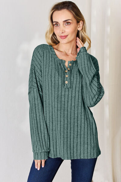 Basic Bae Ribbed Half Button Long Sleeve T-Shirt