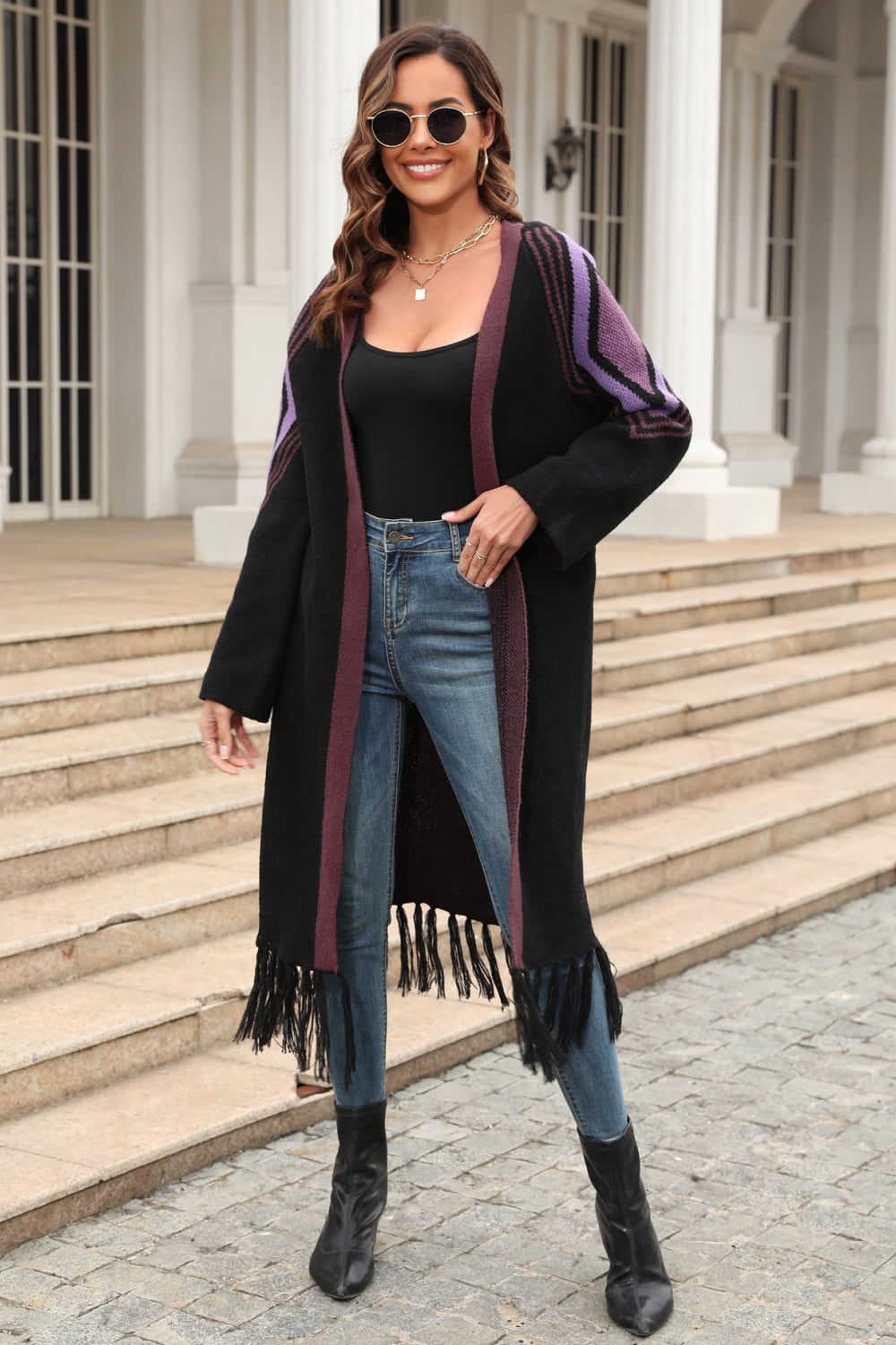 Double Take Fringe Hem Open Front Duster Cardigan
