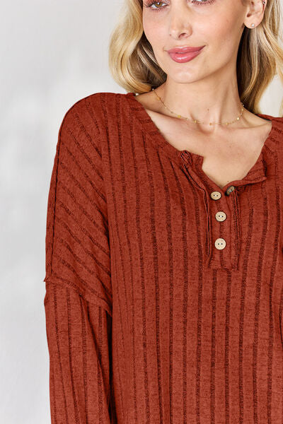Basic Bae Ribbed Half Button Long Sleeve T-Shirt