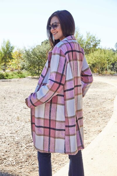 Double Take Plaid Button Up Lapel Collar Coat
