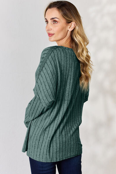 Basic Bae Ribbed Half Button Long Sleeve T-Shirt
