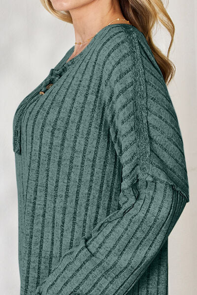 Basic Bae Ribbed Half Button Long Sleeve T-Shirt