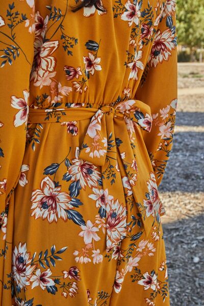 Double Take Floral Tie Back Flounce Sleeve Dress