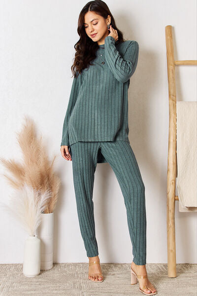 Basic Bae Ribbed Round Neck High-Low Slit Top and Pants Set