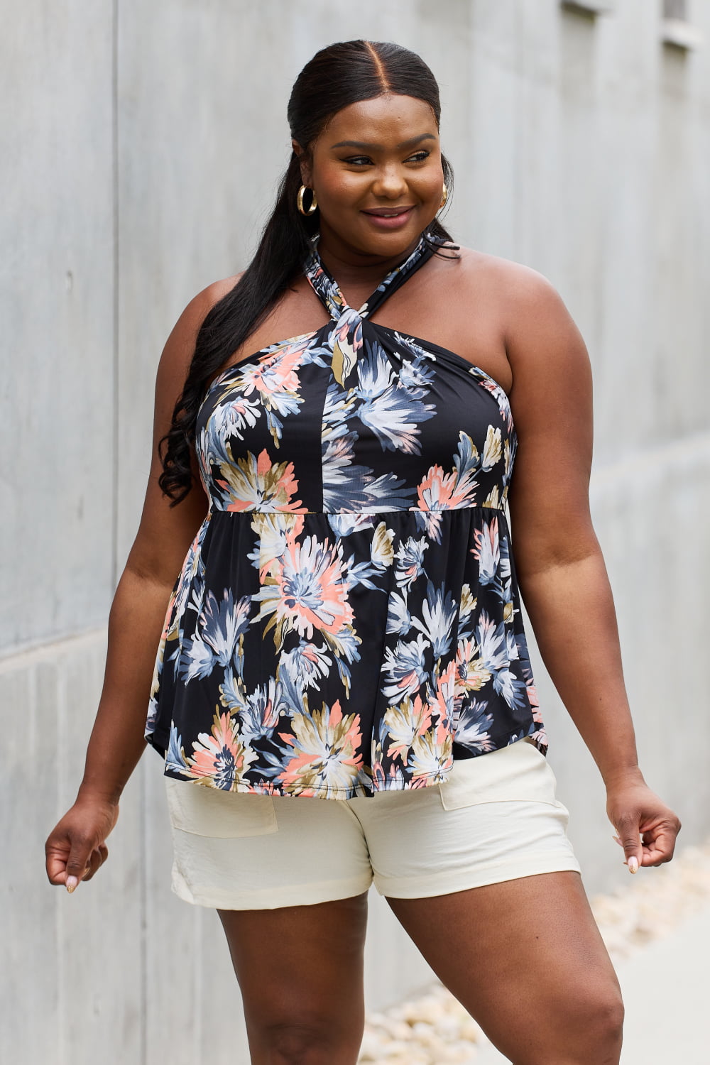 Be Stage Floral Halter Top in Black