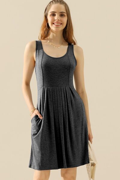 Doublju Round Neck Ruched Sleeveless Dress with Pockets