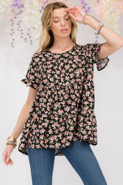 Celeste Floral Ruffled Short Sleeve Blouse