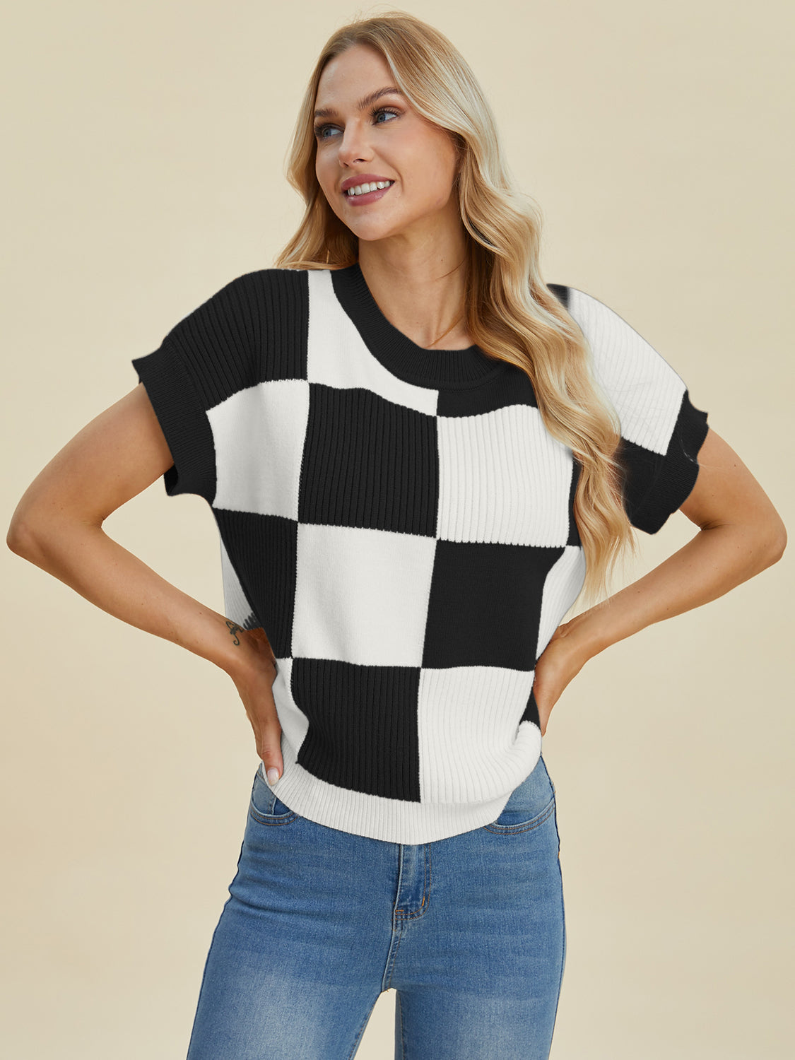 Double Take Checkered Round Neck Short Sleeve Sweater