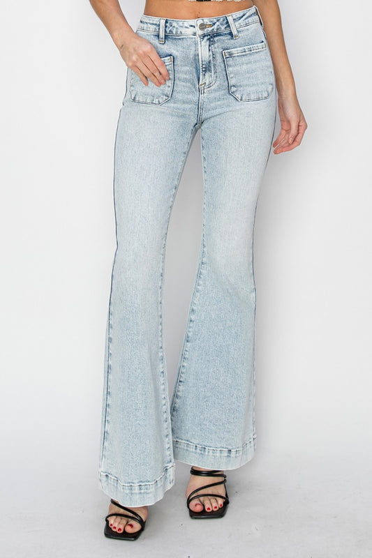 Risen High Rise Front Patch Pocket Flare Jeans