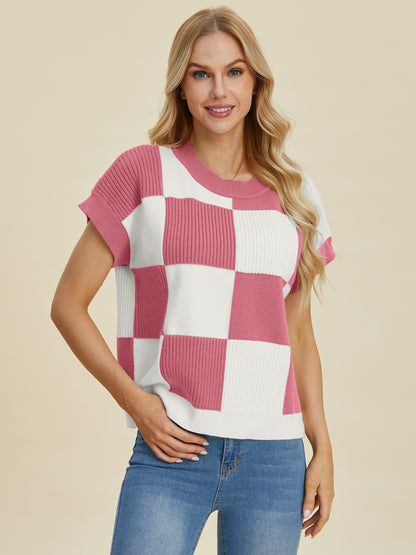 Double Take Checkered Round Neck Short Sleeve Sweater