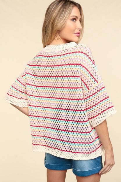 Haptics Striped Crochet Drop Shoulder Knit Top