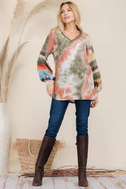 Celeste Tie-Dye Contrast Striped V-Neck Long Sleeve Blouse