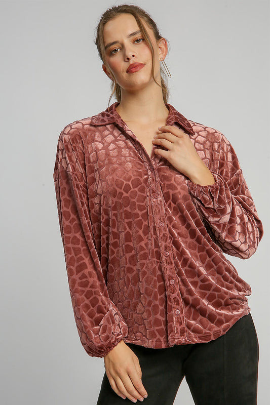 Umgee Animal Print Button Up Velvet Shirt