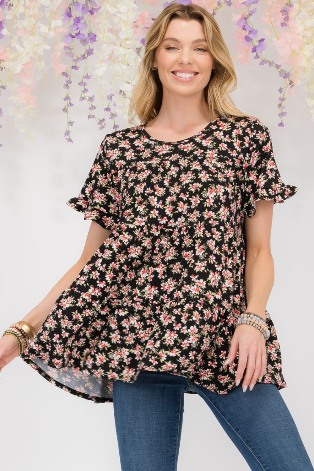 Celeste Floral Ruffled Short Sleeve Blouse