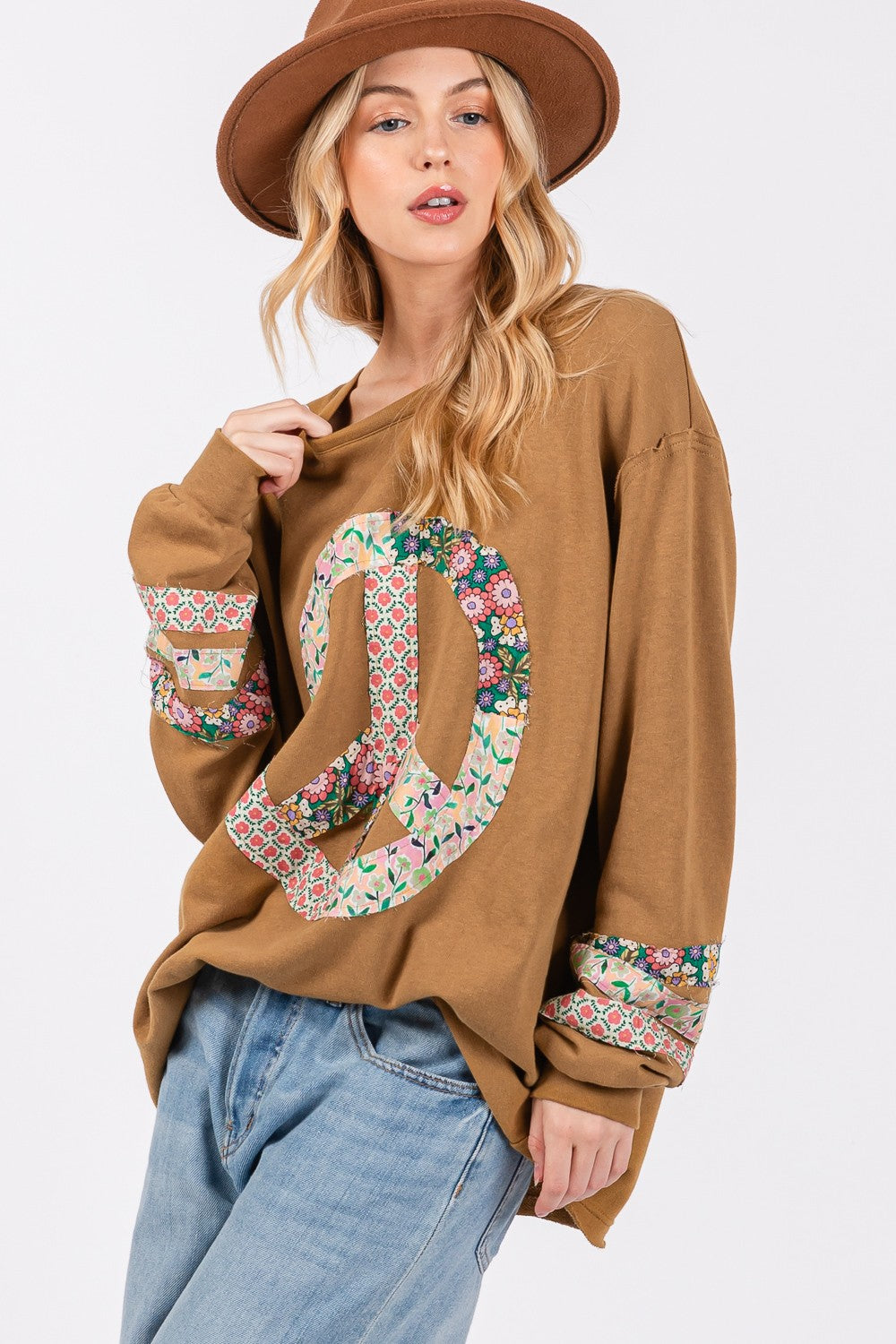 SAGE + FIG Peace Applique Patch Long Sleeve Top