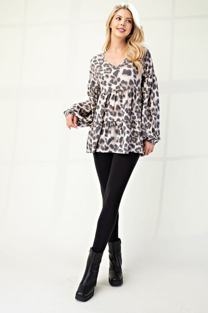 Celeste Leopard V-Neck Balloon Sleeve Blouse