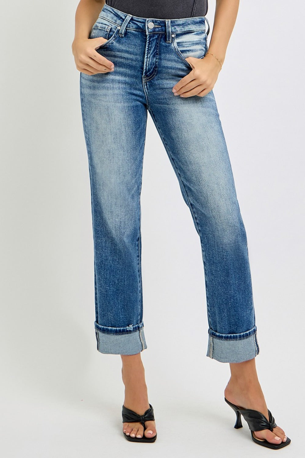 RISEN High Rise Crop Straight Roll Up Jeans