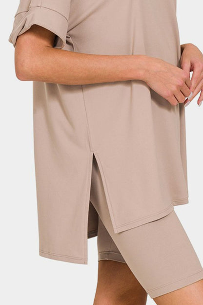 Zenana V-Neck Short Sleeve Slit T-Shirt and Shorts Set