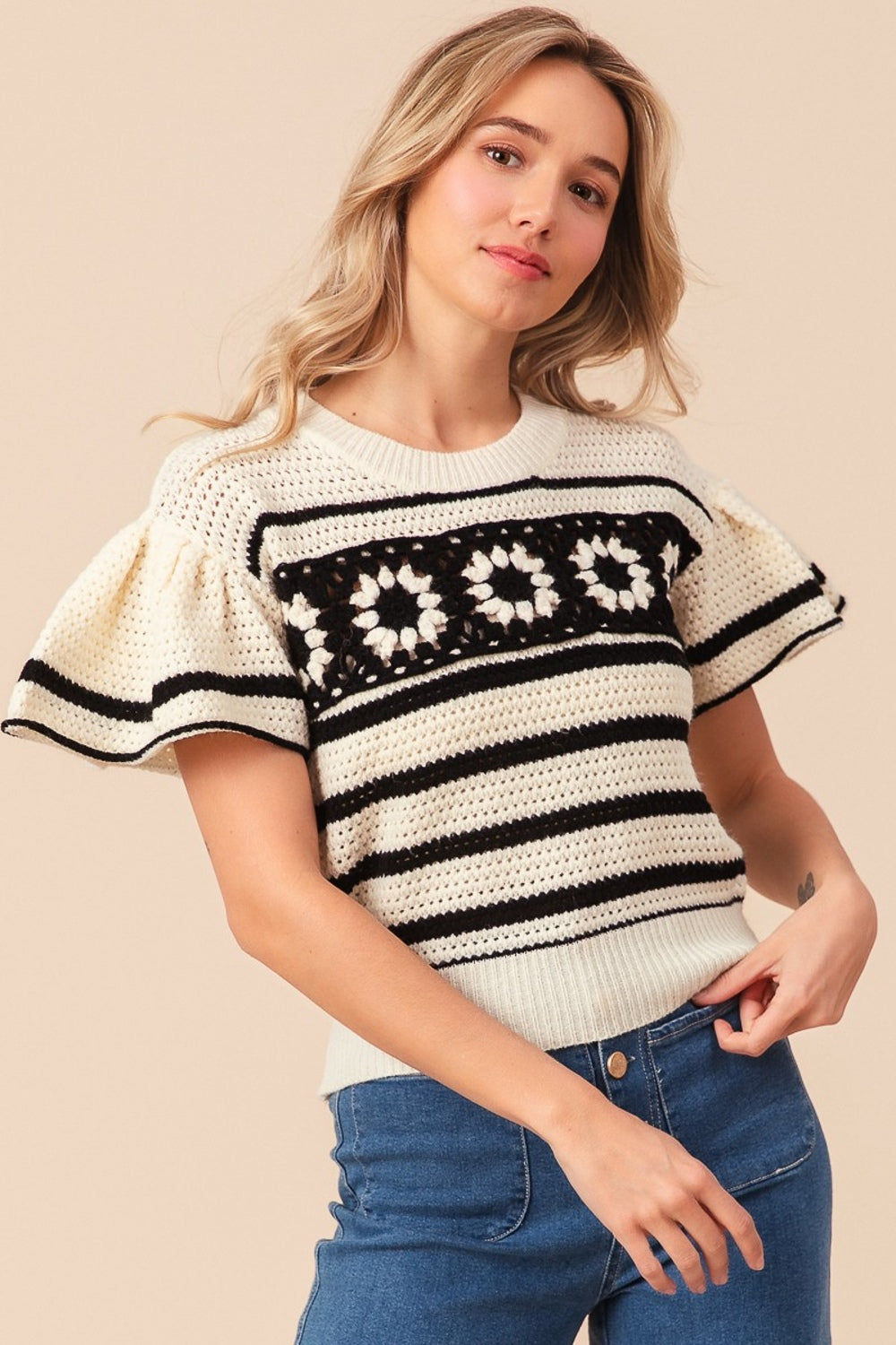 BiBi Granny Square Short Sleeve Striped Sweater