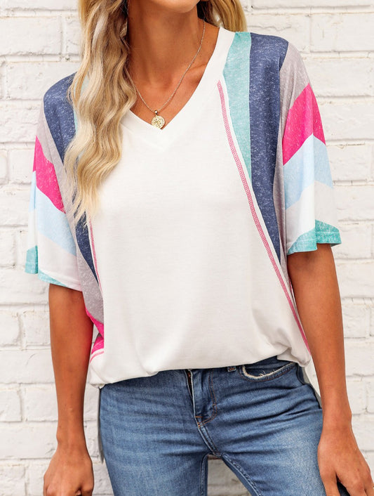 Rainbow Stripe Slit V-Neck T-Shirt