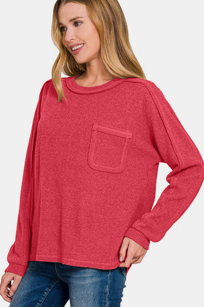 Zenana Contrast Stitching Brushed Ribbed Hacci Knit Top