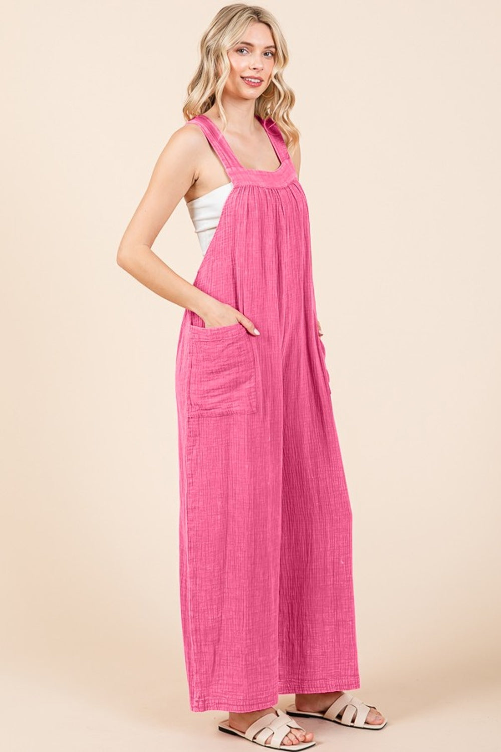 Culture Code Pocketed Sleeveless Wide Leg Overalls