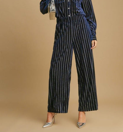 Umgee Elastic Waist Striped Wide Leg Velvet Pants