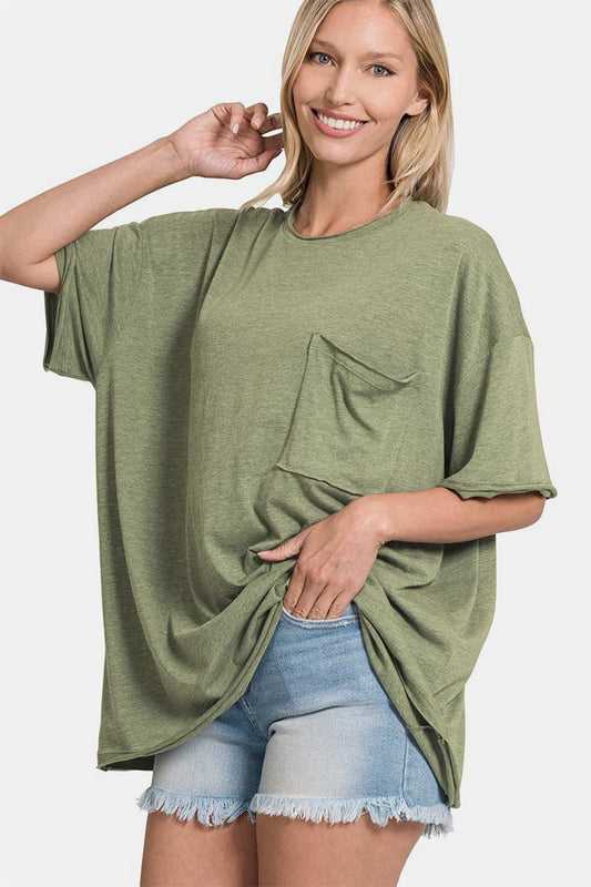 Zenana Drop Shoulder Oversized Front Pocket T-Shirt