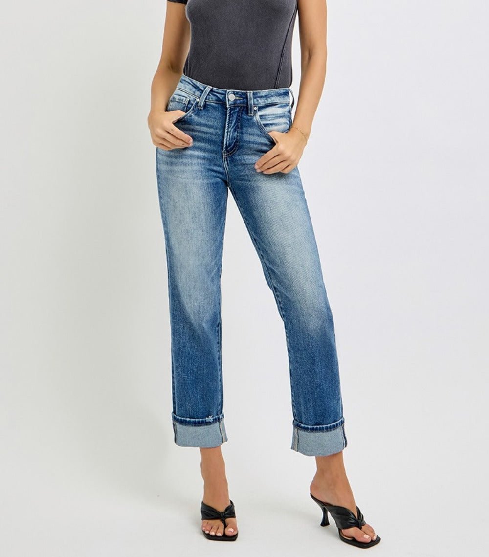 RISEN High Rise Crop Straight Roll Up Jeans