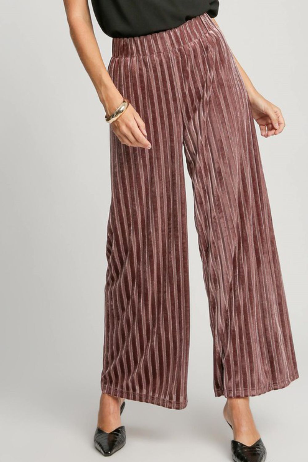 Umgee Elastic Waist Striped Wide Leg Velvet Pants