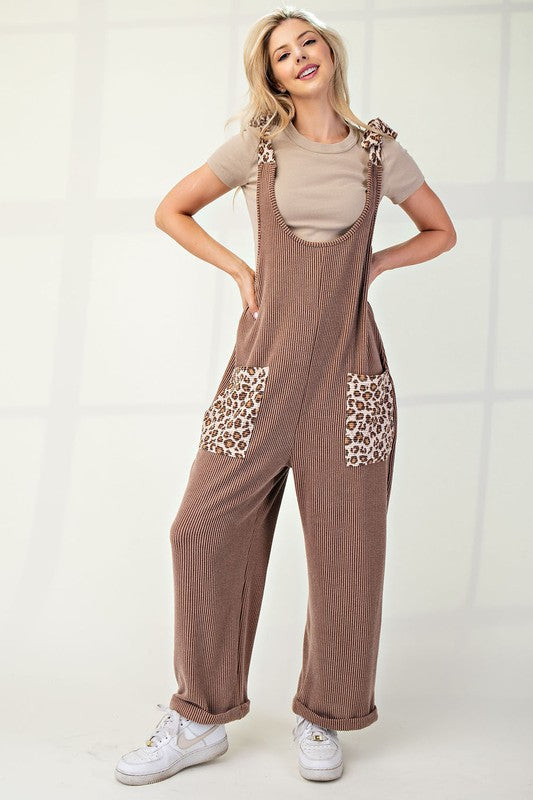 Celeste Ribbed Leopard Tied Shoulder Overalls