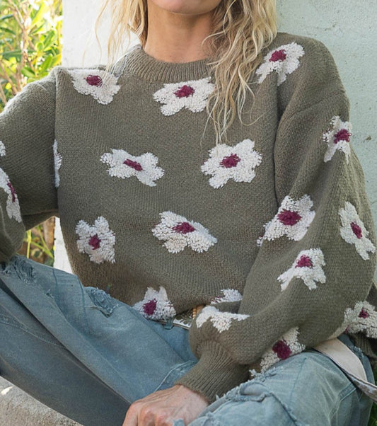 POL Daisy Pattern Drop Shoulder Sweater